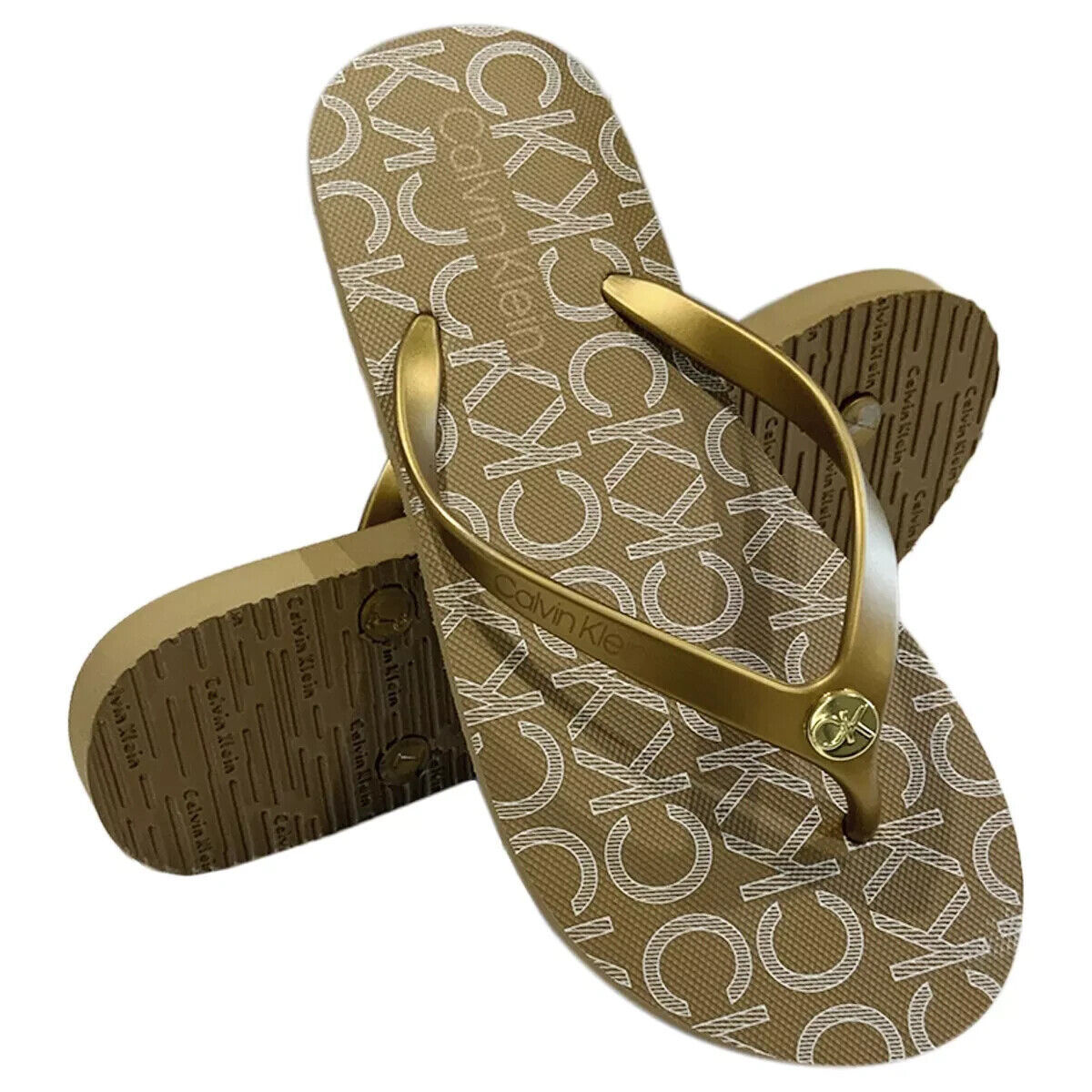 NWT CALVIN KLEIN MSRP $39.99 SARMINYA WOMEN&#39;S GOLD FLIP FLOPS SANDALS SI... - $14.44