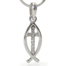 Crystal Christian Fish and Cross Pendant Necklace White Gold - £9.85 GBP