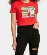 NWT MTV Logo Woman&#39;s Holiday Graphic Short Sleeve T-Shirt, Red, Size S - £3.52 GBP