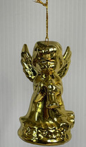 Vintage Christmas Ornament Hanging Tree Porcelain Angel Playing Flute Gold Tone - £7.70 GBP