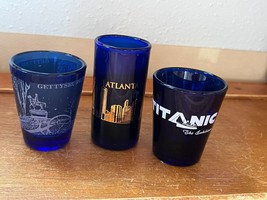 Lot Of Vintage Cobalt Blue &amp; Gilt Atlanta Titanic &amp; Gettysburg Shot Glasses – - £8.92 GBP