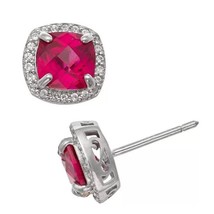 3.20CT Simulé Rubis &amp; Diamant Halo Boucles D&#39;Oreilles 14k Plaqué or Blanc Argent - £62.40 GBP