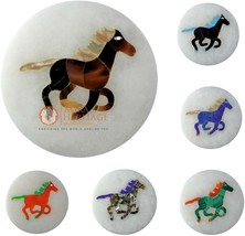 White Decor Round Marble Custom Coaster Set Horse Inlay Floral Decor E1950 - $226.72