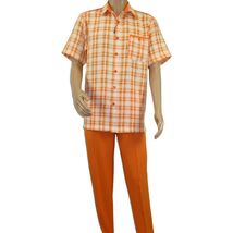 Men 2pc Walking Leisure Suit Short Sleeves DREAMS Checker 282-18 Orange image 2