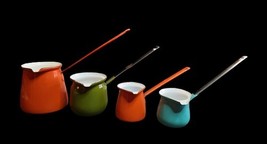 VTG Enamelware Coffee Ladle Dipper Butter Melting Pot Orange Green Blue ... - $69.94
