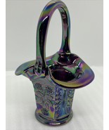 Vintage Fenton Amethyst Purple Carnival 6.75” Glass Basket Iridescent Bu... - £48.88 GBP