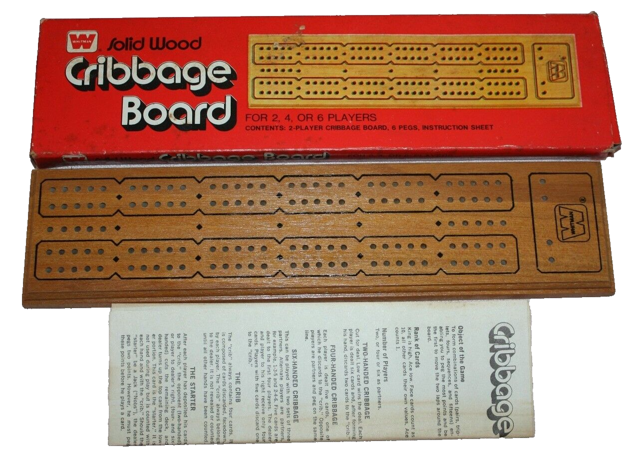 Vintage Whitman Solid Wood Cribbage Board #4230 in Original Box - Instructions - $12.00