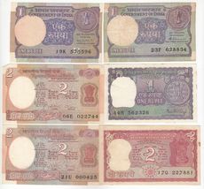 India, 1, 2 Rupees Set 6, All Different Sign Old Issues Banknotes-
show ... - $9.57