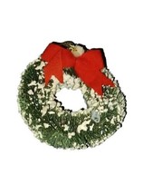 Bottle Brush Flocked Snow 2.75&quot; Vintage Christmas Wreath Ornament Red Velvet Bow - £7.02 GBP
