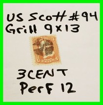 US Scott # 94 3c Washington Fancy Cancel Interesting Strike 3 Cent Grill Perf 12 - £19.54 GBP