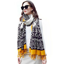 Anyyou 100% Merino Wool Mustard And Patterns  Silk Satin Large Winter Sc... - $101.50