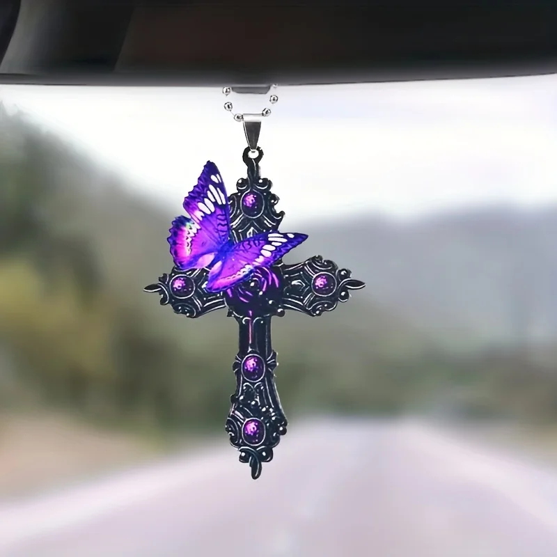 1pc Purple Cross Butterfly 2D Flat Acrylic Decoration Pendant Rearview Mirror - £9.02 GBP