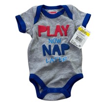 Swiggles Baby Bodysuit 6-9M Gray Blue Trim “Play Now Nap Later” Short Sl... - $9.85