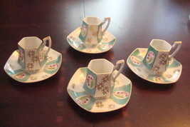 Royal Sealy Japan set of 4 coffee cups and saucers, green, gold and flowers [80D - £27.63 GBP