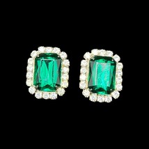 Vtg Large Emerald Cut Green Rhinestone Clip-on Earrings Clear Surround Unsigned - £13.78 GBP