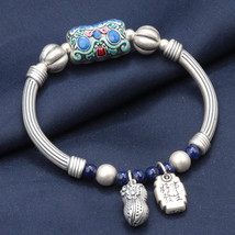Sterling Silver Curved Tube Enamelled Article Beaded Bracelet With Lucky Charm - £54.03 GBP