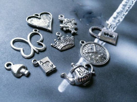9 Fairy Tale Charms Antiqued Silver Alice in Wonderland Themed Assorted Lot - £2.48 GBP