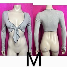 Sexy Grey Low Cut Ribbed Long Sleeve Front Tie Stretchy Rayon Crop Top~Size S - £17.60 GBP