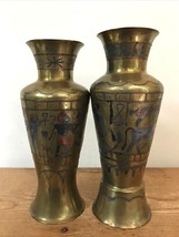 Set Pair 2 Vintage Mid Century Egyptian Hieroglyph Copper Brass Metal Vases 9&quot; - £62.90 GBP