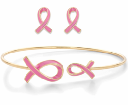 PINK ENAMEL BREAST CANCER AWARENESS EARRINGS AND BANGLE SET GOLDTONE - £47.18 GBP