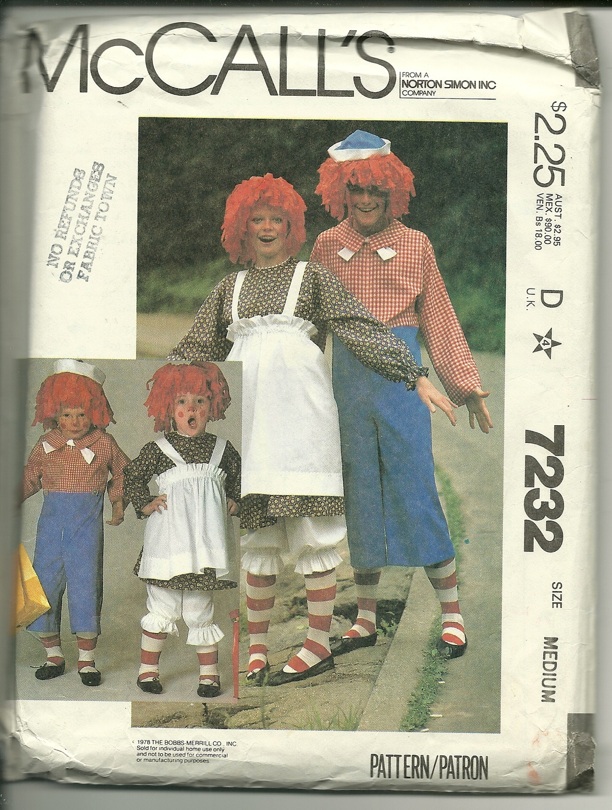 McCall's Sewing Pattern 7232 Men's Women's Costume Raggedy Ann Raggedy Andy New - $6.99