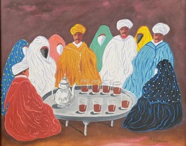 Original Signed Mokhtar Ghailan Morocco Sheikhs &amp; Arabic Women In Harem Painting - £1,817.50 GBP