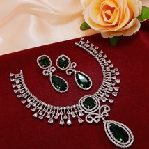 Silver Plated Indian Bollywood Style CZ Jewelry Emerald Necklace Earrings Set - £52.10 GBP