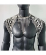 Burning Man Silver Rhinestone Shoulder Pads Armor, Rave Bodychain Fringe... - $88.00