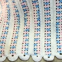 34x44&quot; Crochet Baby Blanket Handmade Multicolor Pastel Pink Blue With White READ - £7.04 GBP
