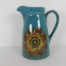 Pottery Jug Multicolor Art Deco Ceramic Glossy Hand Painted Blue 9&quot; Bohemian - £30.92 GBP