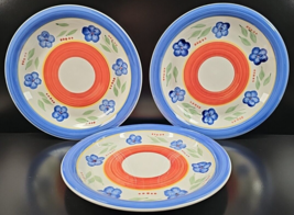 3 Gibson Designs Bellissimo Dinner Plates Set Vintage Blue Floral Band Dish Lot - £30.89 GBP