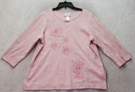 Alfred Dunner Shirt Top Women Medium Pink Embroidered Floral Long Sleeve V Neck - £14.51 GBP