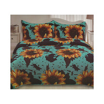 Western Bedding Cow Print in Turquoise   &amp; Sunflowers Velvet Bedspread Oversized - £66.74 GBP+