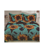 Western Bedding Cow Print in Turquoise   &amp; Sunflowers Velvet Bedspread O... - £65.21 GBP+