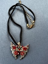 Faux Black Leather Suede Cord w Red Rhinestone Encrusted Lacey Silvertone Butter - £8.92 GBP