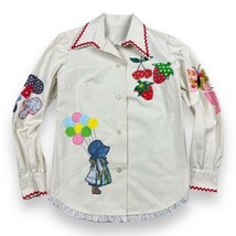 Vtg Handmade Appliquéd Embroidered Linen Button Down Shirt Lace Hippie 1... - $29.21