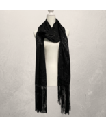 Long Black with Floral Black pattern Scarf Fringe Beaded by Echo New - $33.94 CAD