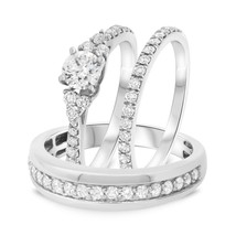 1.05 Ctw Real Moissanite 14K White Gold Over Wedding His &amp; Her Trio Ring... - $2,772.21 MXN