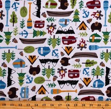 Cotton Camping Campers Mountains Bears White Fabric Print by the Yard D770.91 - £10.35 GBP