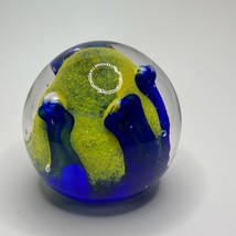 HandBlown Blue/Yellow/Clear Glass Paperweight Vintage Used - $15.00