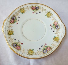 Wild Bros &quot;Marne&quot; Cake Plate w Floral &amp; Handles Antique gold circles &amp; Rim - £19.66 GBP