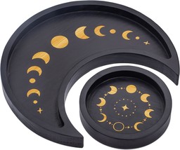 Crescent Moon Crystal Holder Tray Set, Black Wooden Wiccan Healing Stone - $37.94