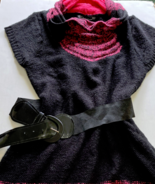 Vintage acrylic knit sweater dress short sleeve belted black fuchsia color - $19.75