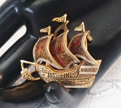 Damascene Vintage Brooch ~ Viking Ship ~ Three Sails ~ Tiny Flag ~ Marked Spain - £11.99 GBP