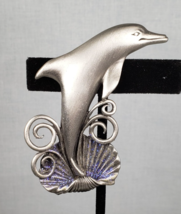 Vintage 1986 Signed Jonette Jewelry JJ Pewter Dolphin Shell Glitter Brooch - $480.68 MXN