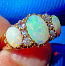 Earth mined Opal Diamond Art Deco Engagement Ring Antique Victorian 18k Gold - £2,927.24 GBP