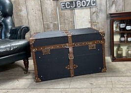 Black Millerain &amp; Leather Trimmed English Handmade Coffee Table Trunk Storage - £664.85 GBP