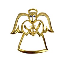 Angel Gold Tone Pin Brooch Christmas Holiday Blue Rhinestone Eyes  - £10.56 GBP