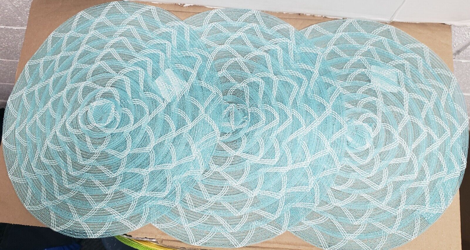 Primary image for Set of 3 Same Lace Round Woven Polypropylene Placemats(appr.15")AQUA BLUE DESIGN