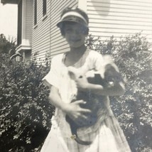 Girl with Dog in Dress Old Original Photo BW Vintage Photograph House pi... - $12.00
